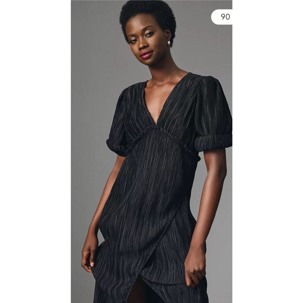 Anthropologie V-Neck Pleated Slim Midi Dress Womens S Black Open Back Cut Out